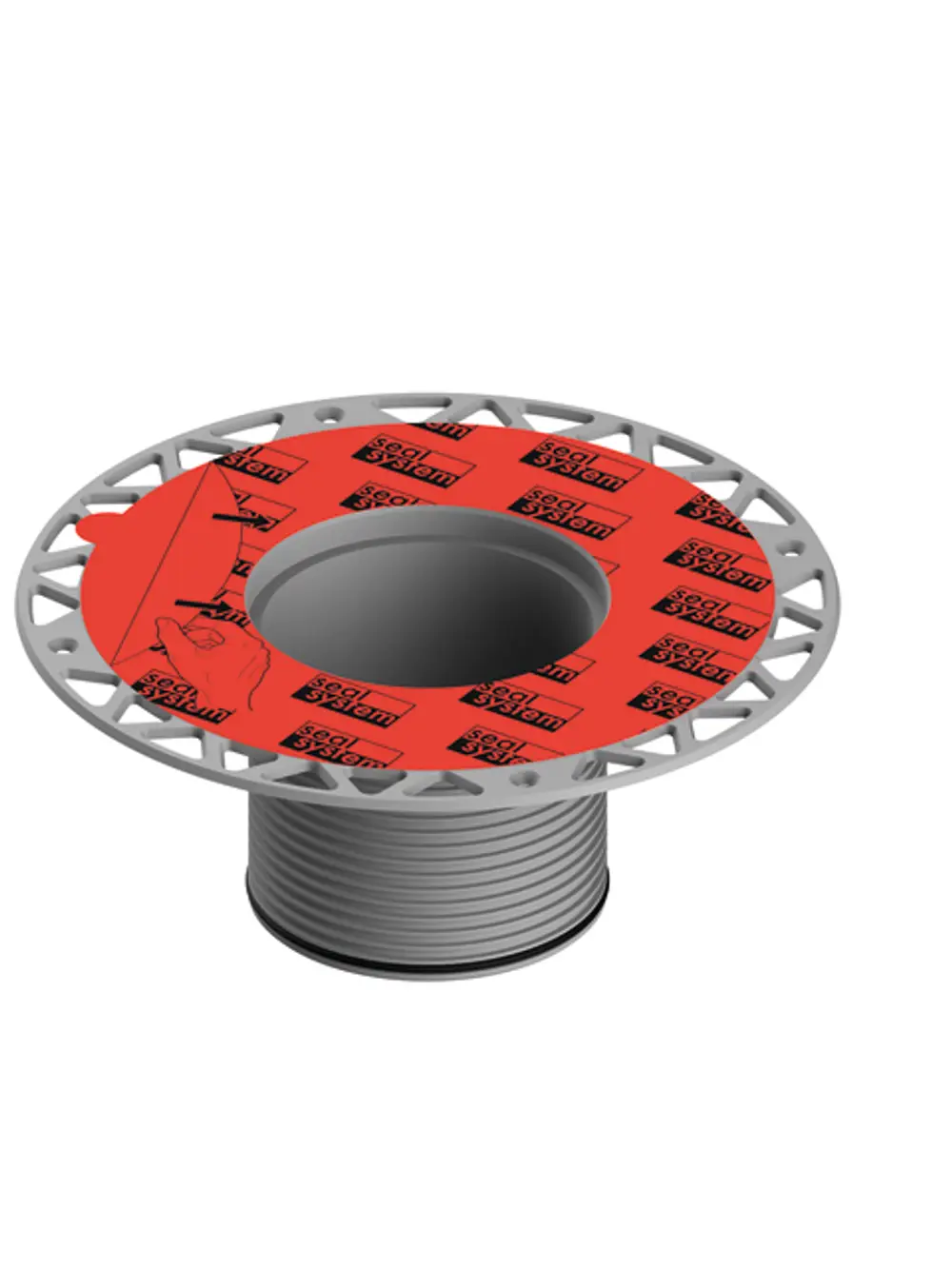 TECE Ablaufelement mit aufgesetztem Seal System, robuster metallischer Rahmen mit geschlitzenem Rand und zentraler Öffnung für Wasserablauf.